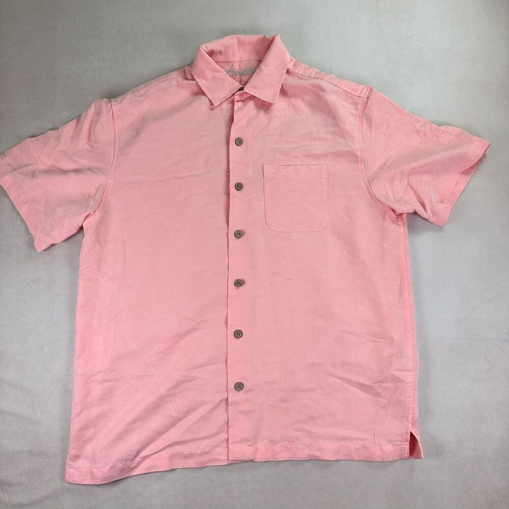Caribbean Joe Men’s Pink Tropical Jacquard Camp Shirt Large Button Front Aloha